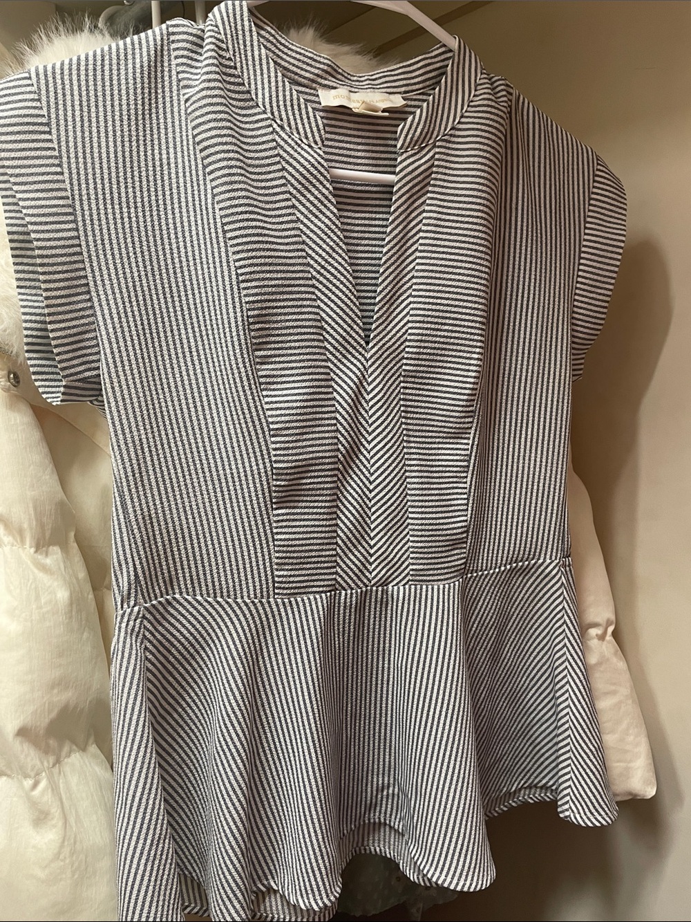 Monteau Black and White Striped V-Neck Peplum Top
